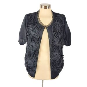 Loft Black Floral Merino Wool Blend Buttoned Down Cardigan